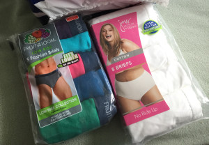2 Packages of cotton underwear, on the left men's style briefs in various color and on the right plus sized women's style panties in white. 